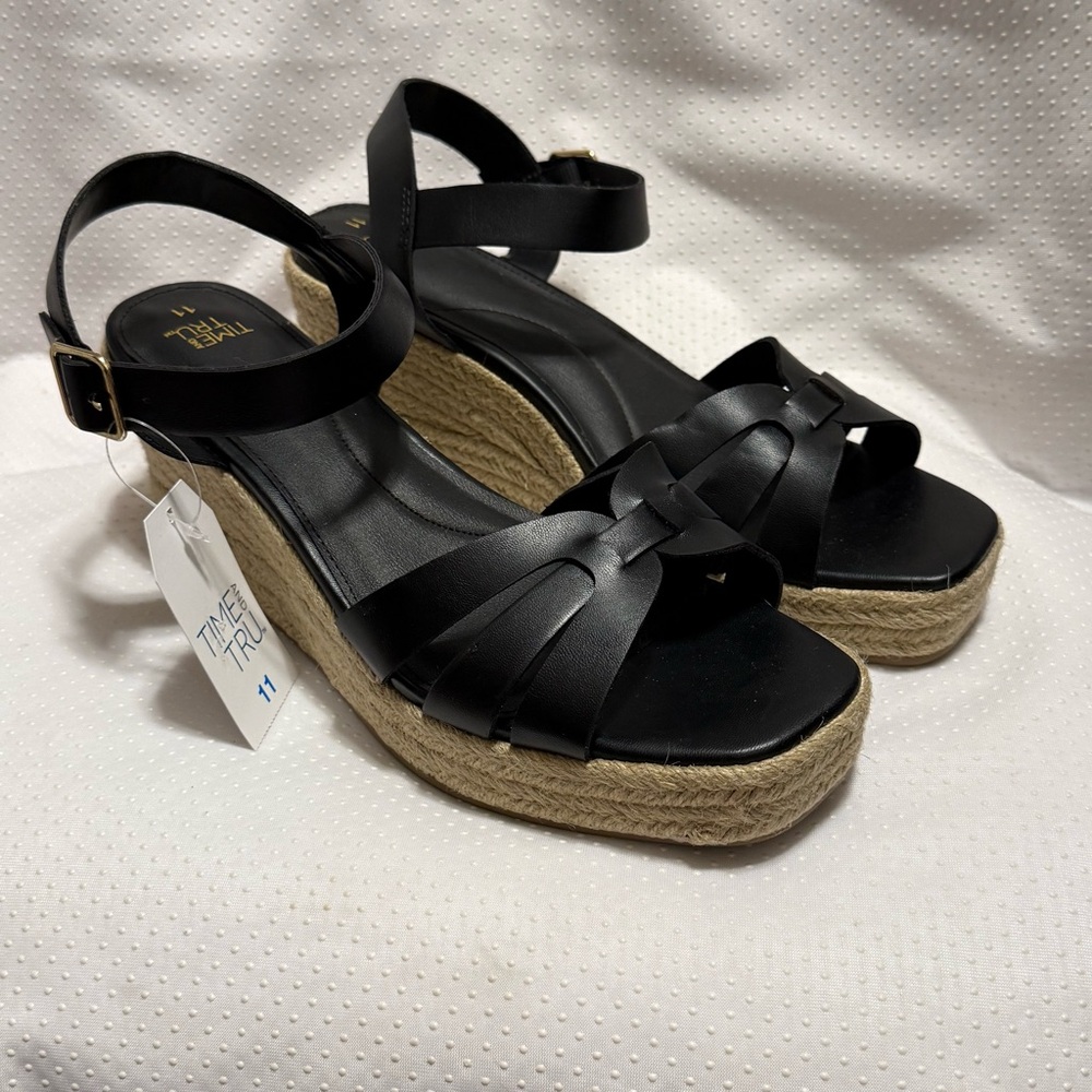 Time and Tru Black Espadrille Wedges with Adjustable Straps‎ Women’s Size 11 New
